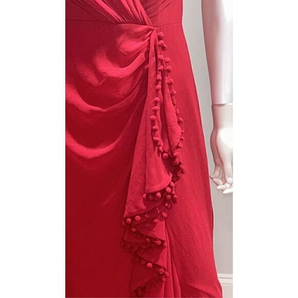 Badgley Mischka Red V-neck Ruffle Pom Pom Gown Size 8 - Picture 7 of 9